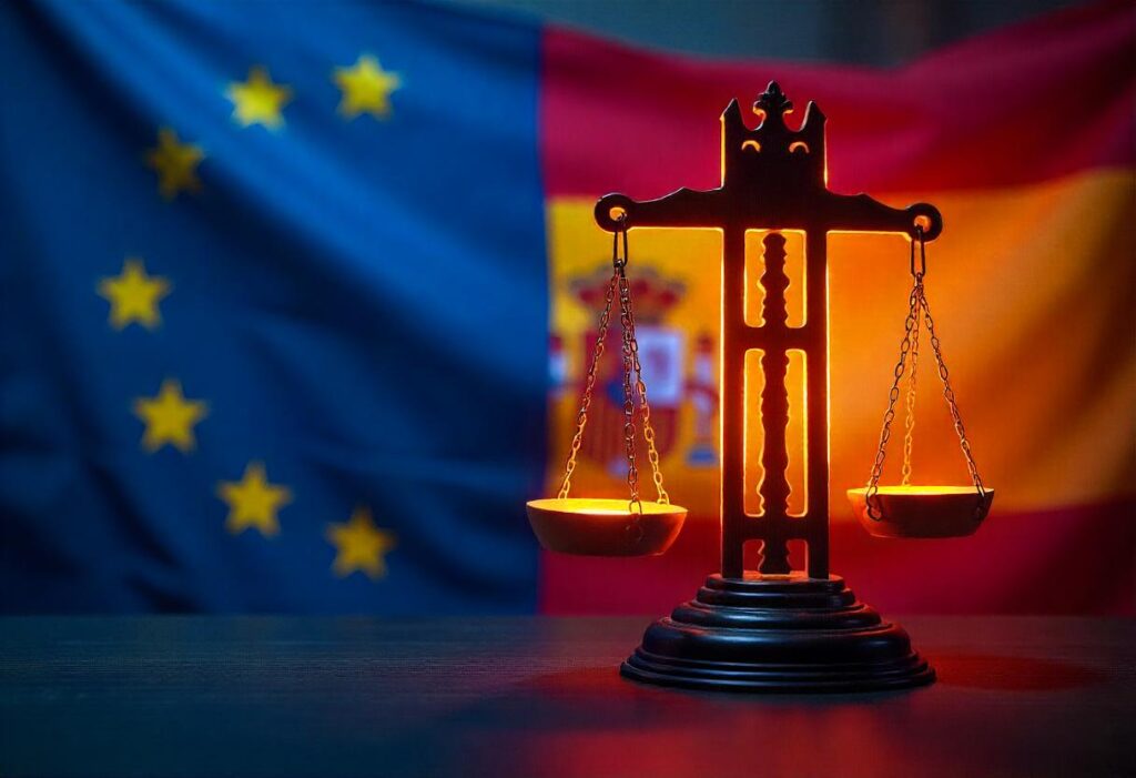 imagen de una balanza, la bandera de la EU y de Cataluña